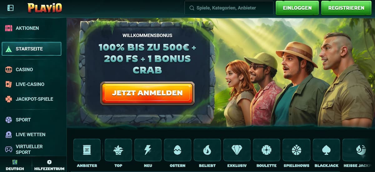 Playio zählt zu den bekanntesten Online Casinos ohne OASIS. Es bietet über 12.000 Spiele, darunter Big Bass Bonanza, Book of Dead und Book of Ra. Der Bonus: 100 % bis 500 € + 200 Free Spins + Bonus Crab. Die Plattform ist lizenziert in Anjouan, bietet auch Krypto-Boni und ermöglicht uneingeschränktes Spielen auf Deutsch. Seriös, vielseitig und ideal für alle, die flexible Casinos bevorzugen.