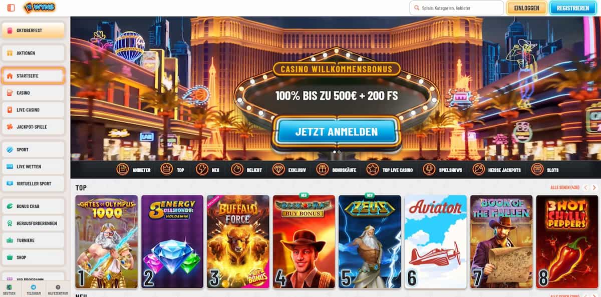 Im Wyns Casino warten über 10.000 Spiele, darunter Gates of Olympus 1000, Book of Ra Buy Bonus und Ramses Book. Dank der Tobago-Lizenz spielen Sie ohne OASIS-Einschränkungen, aber dennoch in deutscher Sprache. Neben Slots gibt’s ein Live Casino, moderne Optik, Krypto-Zahlungen, schnellen Support und mobiles Spielen ohne App. Der Willkommensbonus: 100 % bis 500 € + 200 Freispiele. Zahlreiche weitere Aktionen folgen regelmäßig.
